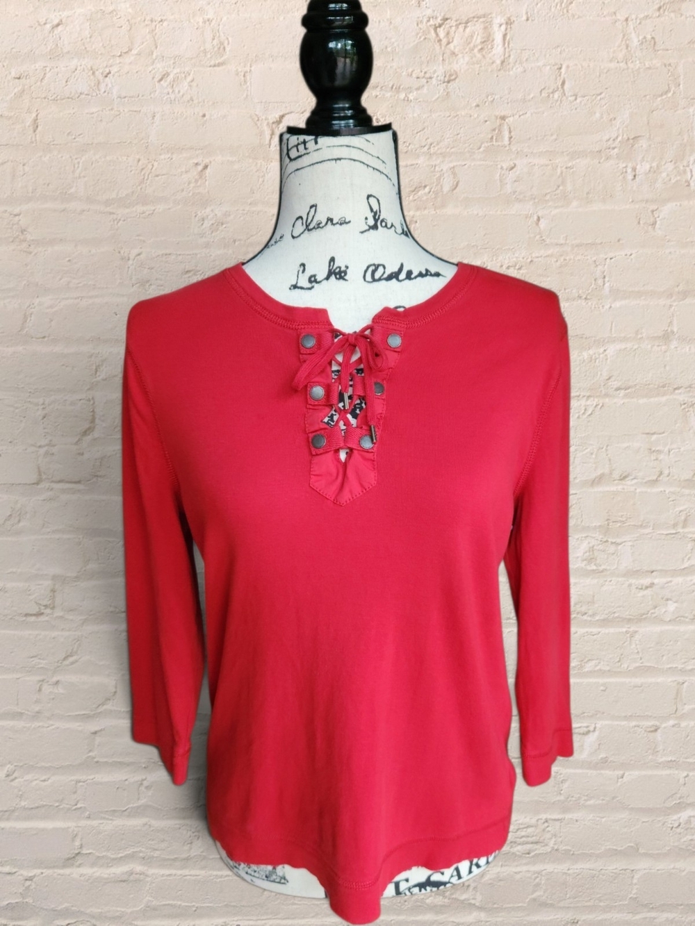 Lauren Ralph Lauren Red Lace Up V-Neck Knit Top Size Large 3/4 Sleeve Y2K Preppy
